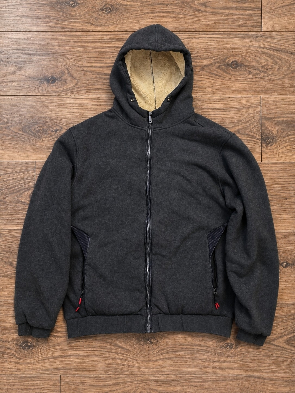 Men's Black Hooded Zip-Up Sweater with Sherpa Lining 2XL